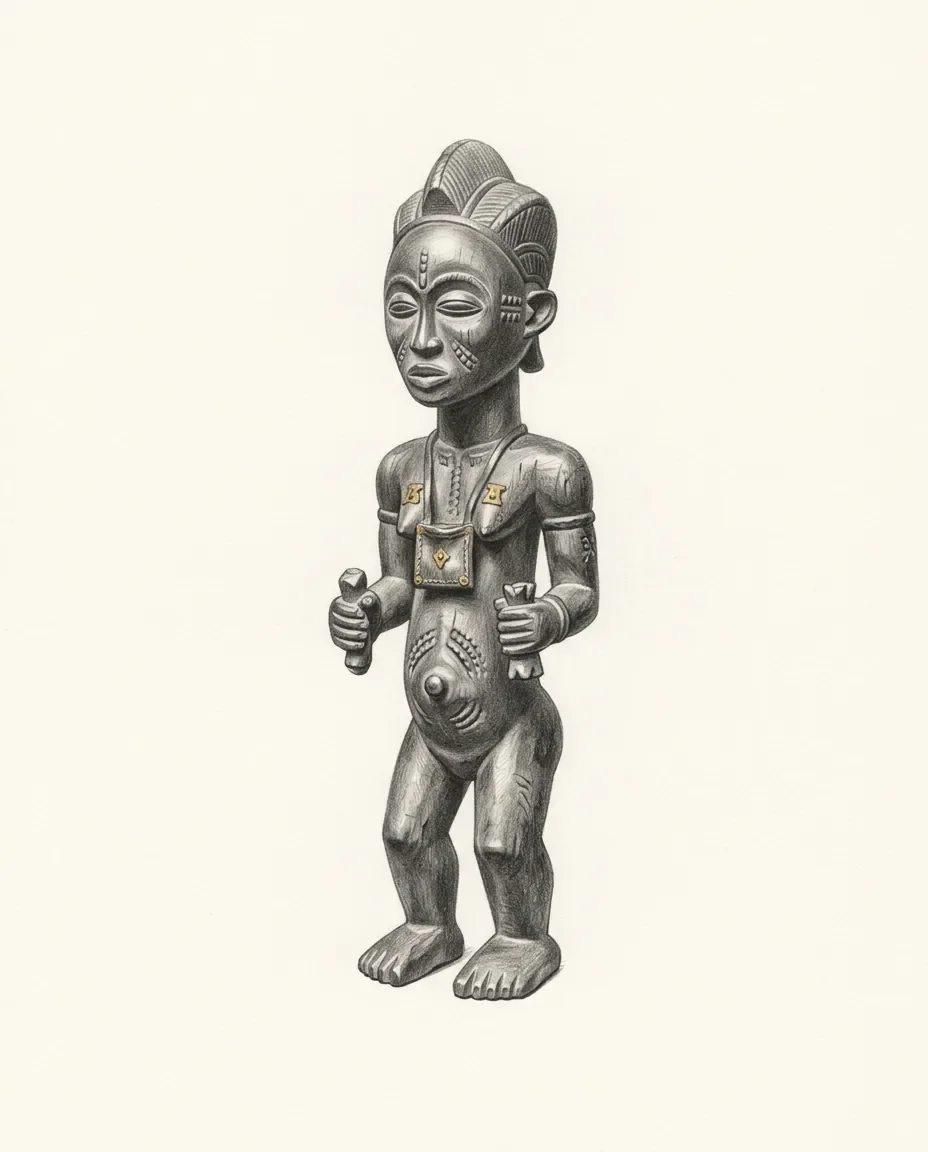 A carved wooden figure stands with both hands forward, marks cut into the face and small gilded plaques at the chest.