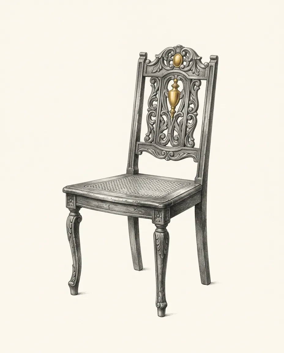 A carved side chair stands alone with a caned seat and a small gilded urn worked into the pierced back.