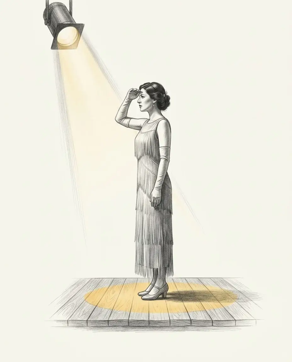 A woman in a long fringed evening gown and heels stands alone on a bare wooden stage, shading her eyes against a single spotlight whose beam and pool are gold.