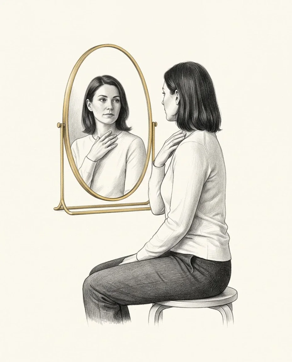 A woman with dark hair in a pale jumper sits on a stool before an oval gilt mirror, one hand at her collarbone, meeting her own eyes in the glass.