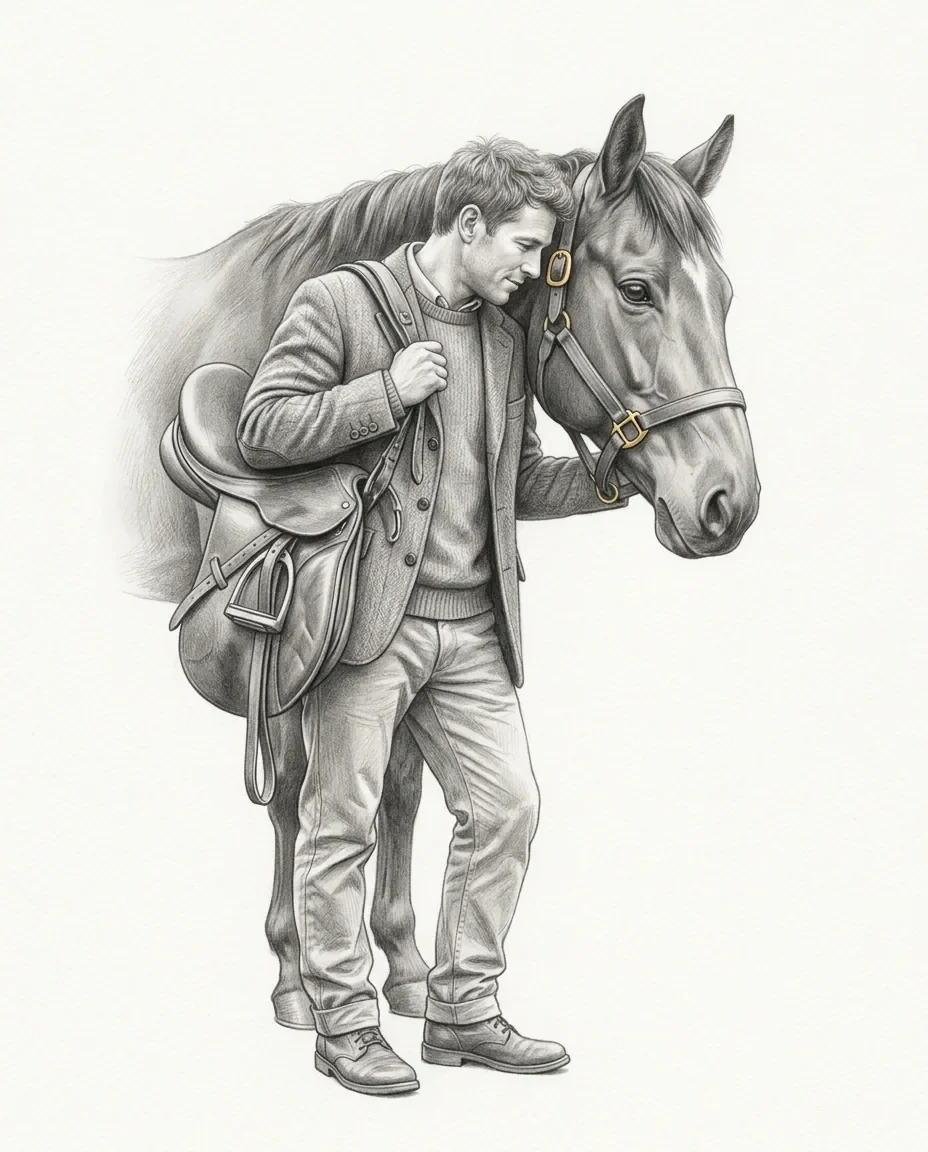 A figure in a cardigan leans his forehead against a horse's head, a saddle over one shoulder and gold buckles on the halter.