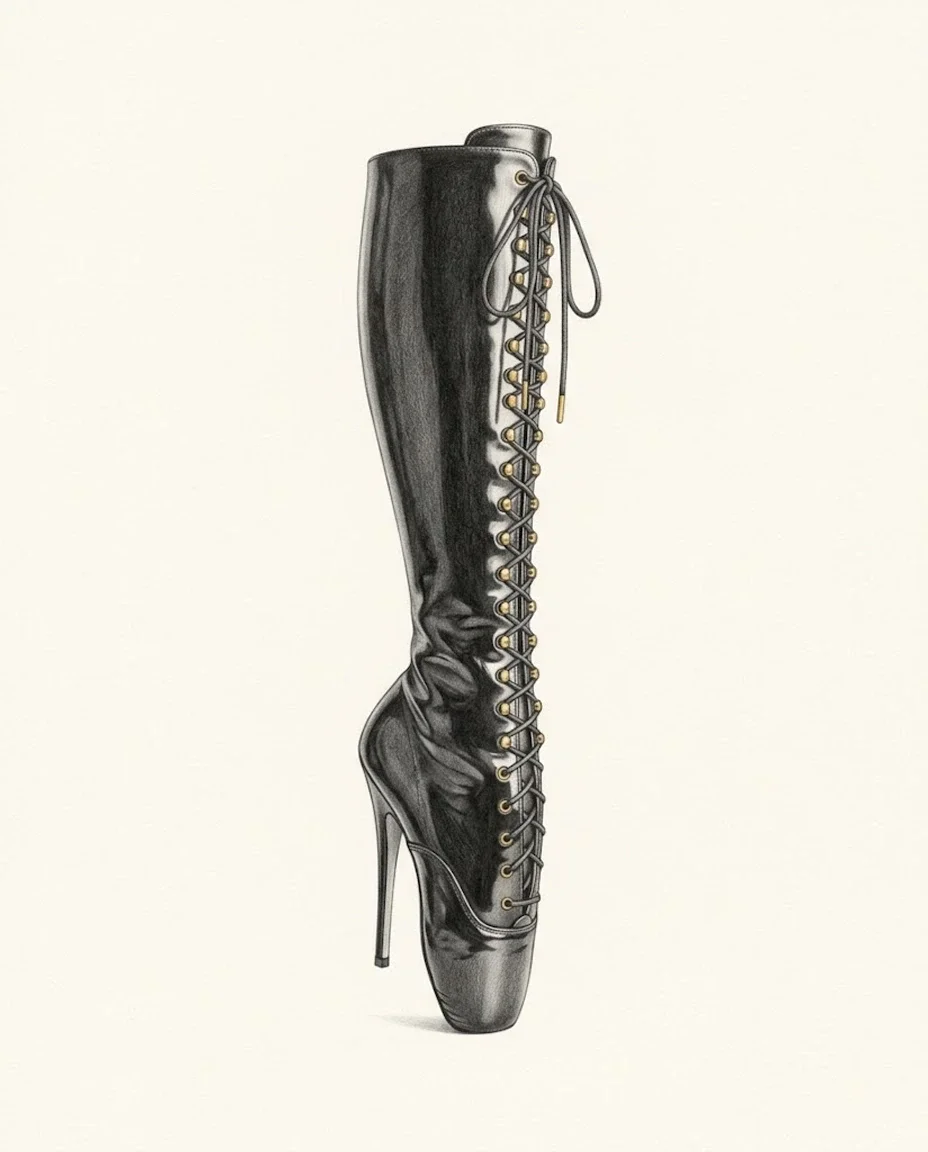 A single knee-high boot in glossy black patent leather stands fully en pointe on a slender heel, its long row of eyelets and lace tips picked out in gold.
