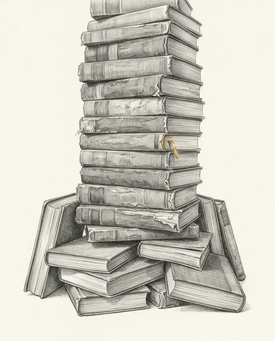 A stack of worn clothbound books rises out of frame with the spines turned away, more volumes heaped unevenly around the base.