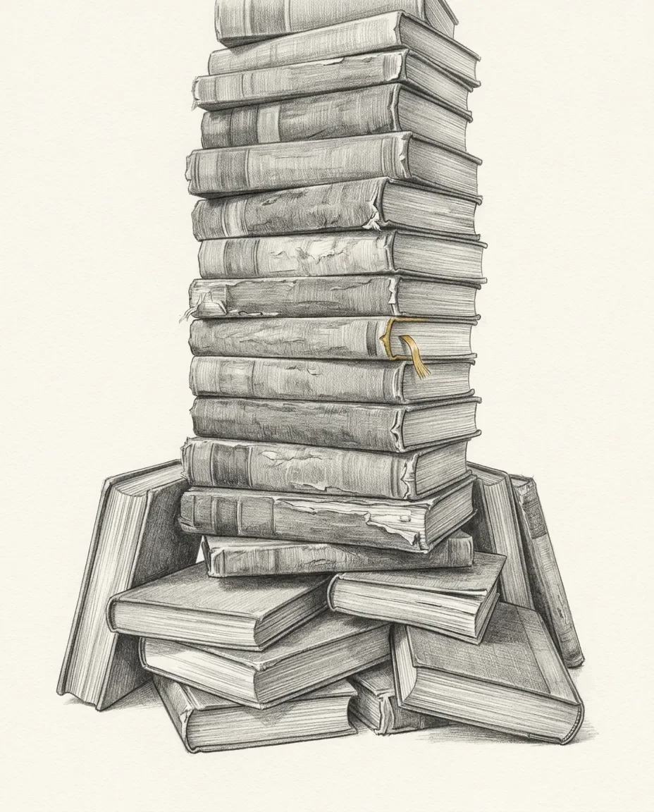 A stack of worn clothbound books rises out of frame with the spines turned away, more volumes heaped unevenly around the base.