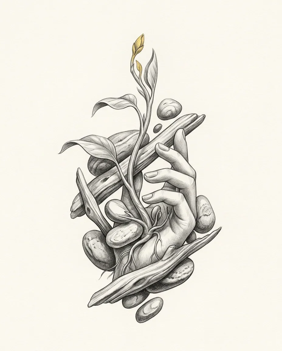 A hand rises out of a knot of pebbles and driftwood while a seedling grows from it, the topmost bud opening in gold.