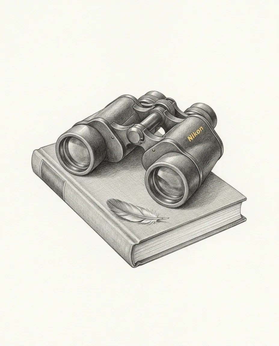 Field binoculars rest on a closed pocket guide with a small feather laid on the cover, the maker's name lettered in gold.