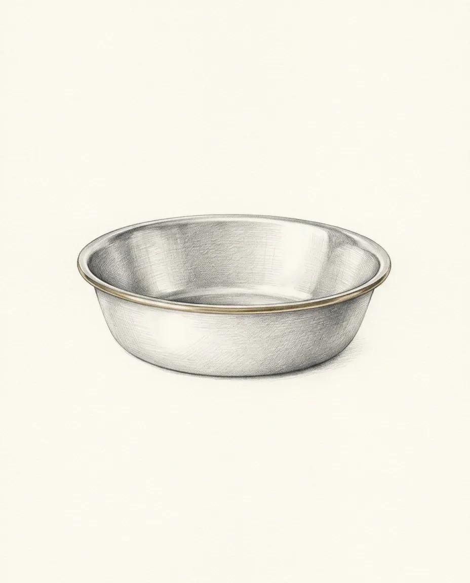 A shallow steel bowl sits empty with a thin brass line running round its rim and a soft shine across the inside.