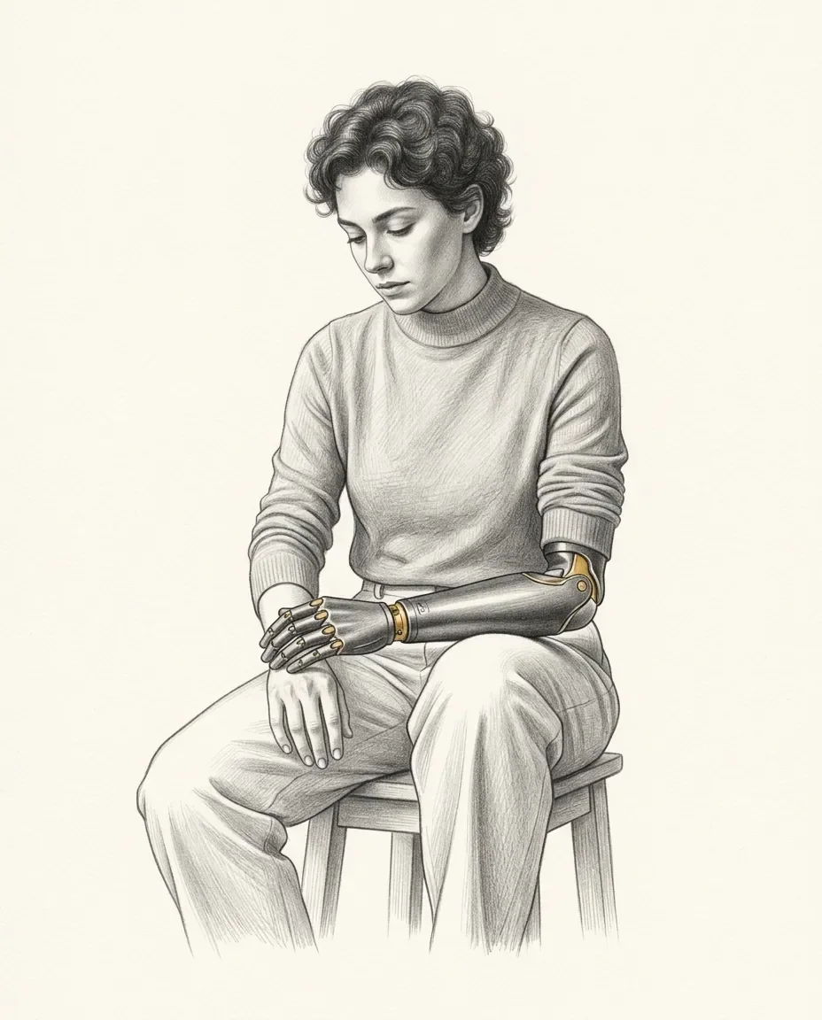 A seated figure looks down at a jointed prosthetic arm, its wrist and elbow banded in gold, the other hand resting on the knee.