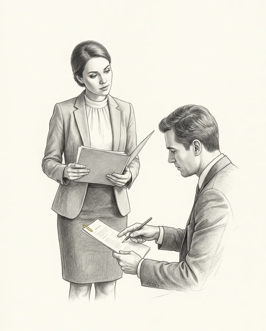 Two people in business dress stand together, one holding an open folder and the other signing a document with a gilt-clipped pen.