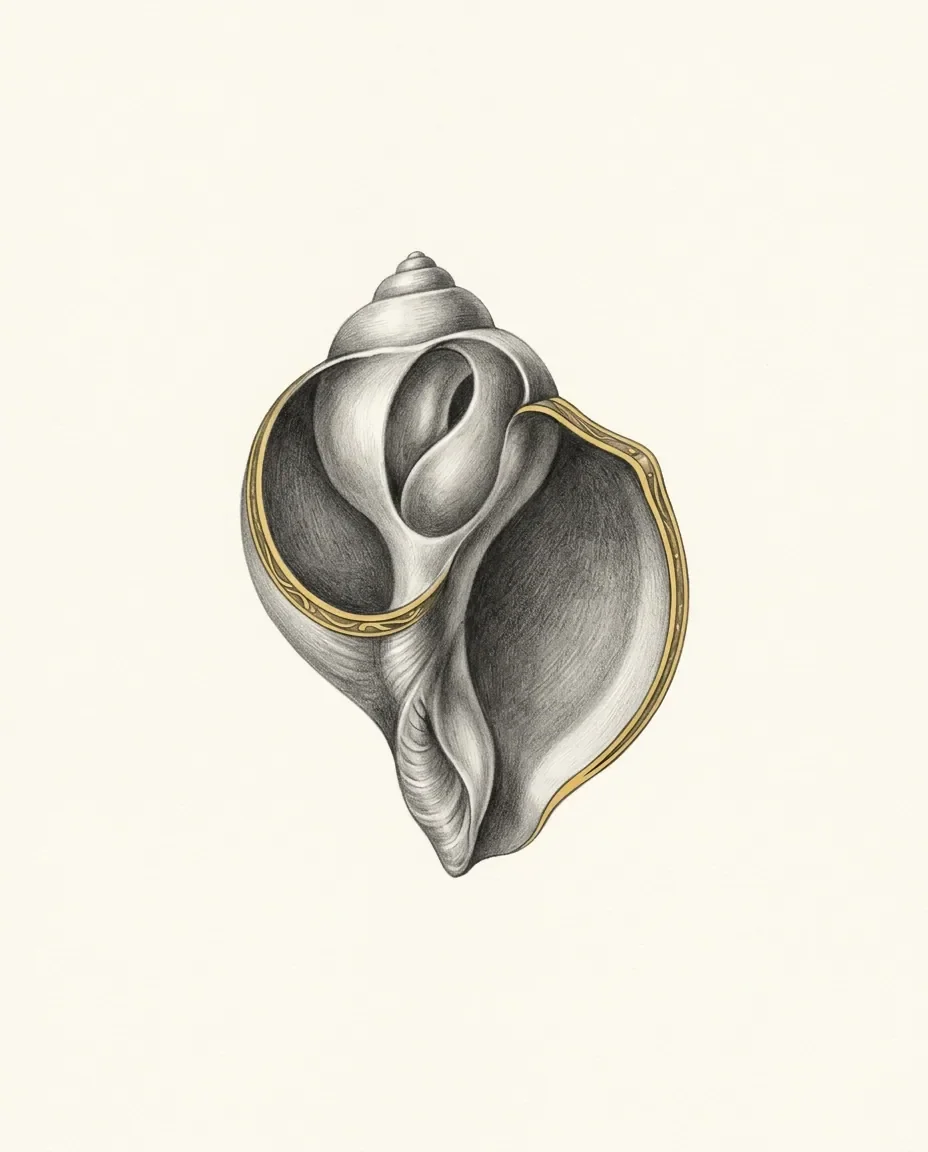 A large spiral sea shell curves open with its lip flared, the inner rim traced in gold and the whorl narrowing to a point.
