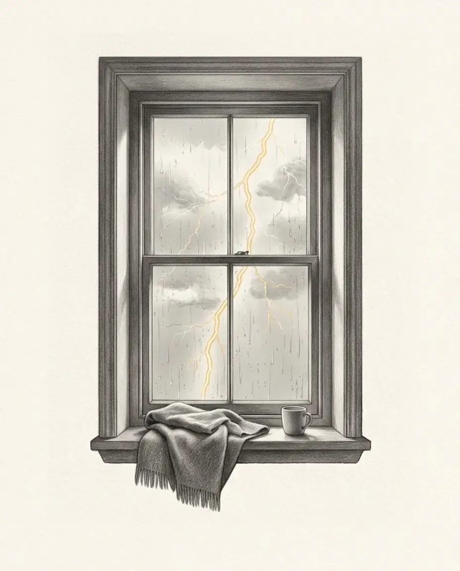 A tall sash window with rain streaking the glass and a single lightning fork beyond the panes, a folded grey wool blanket and a cup resting on the sill.