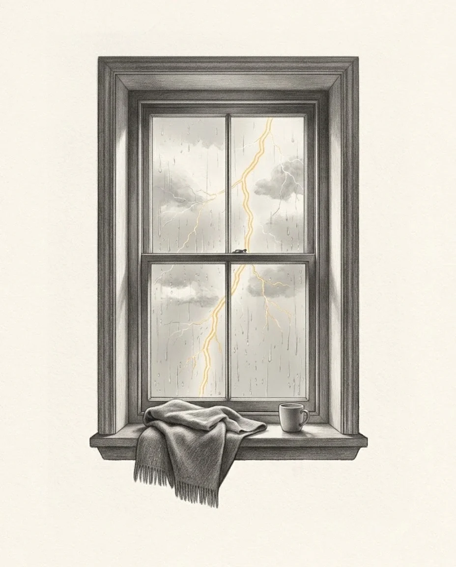 A tall sash window with rain streaking the glass and a single lightning fork beyond the panes, a folded grey wool blanket and a cup resting on the sill.