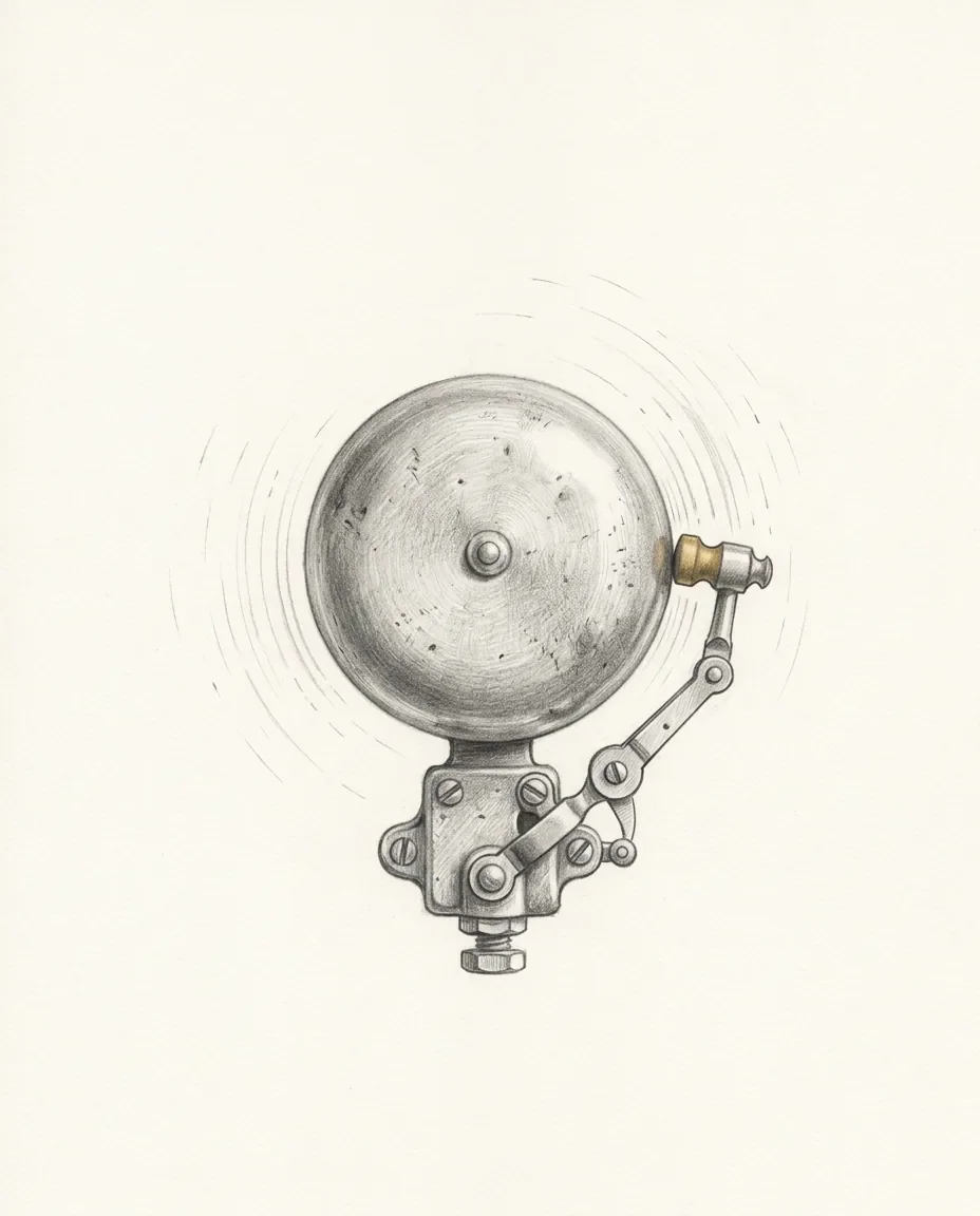 A brass alarm bell rings on its bracket with the striker drawn back, faint arcs circling to show the sound.