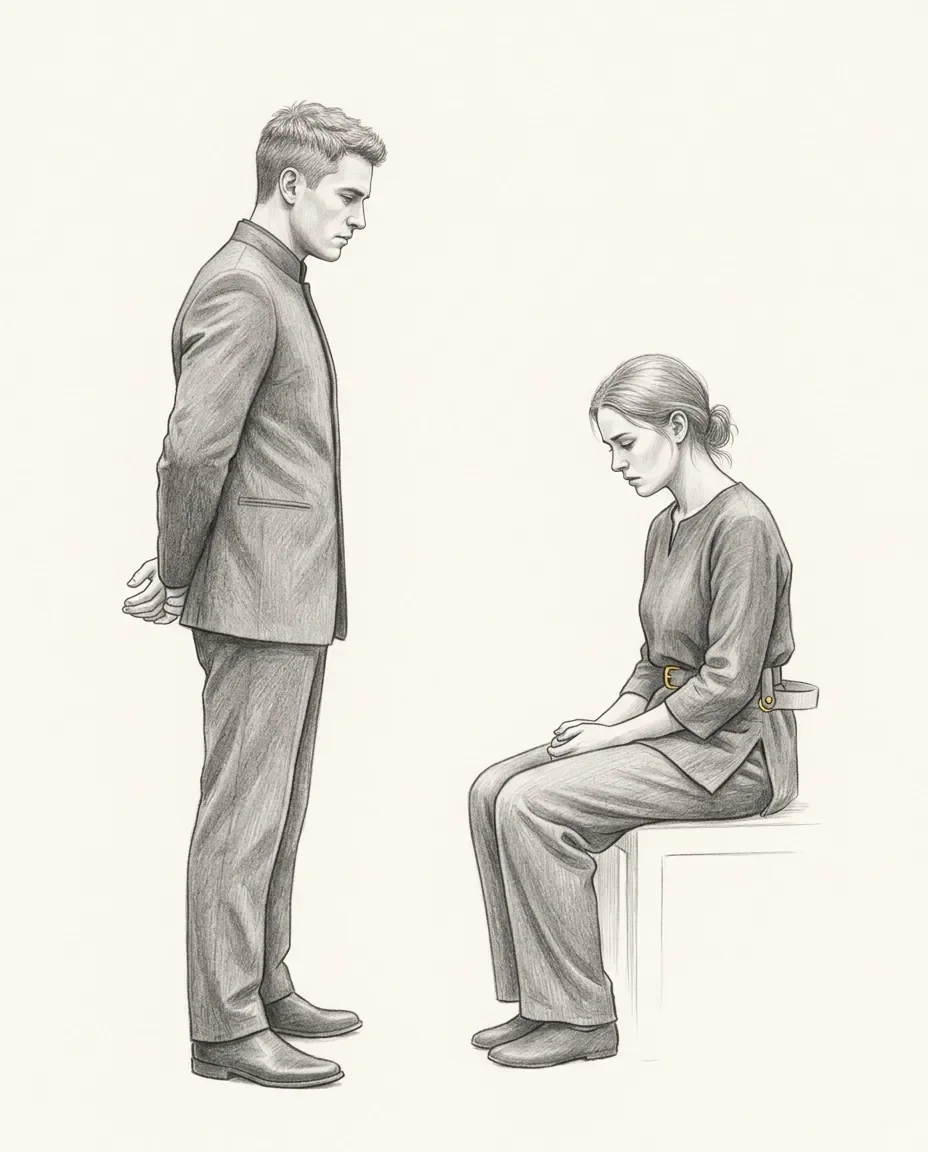 Two figures face each other, one standing with hands held behind the back and the other seated with head lowered and hands in the lap.