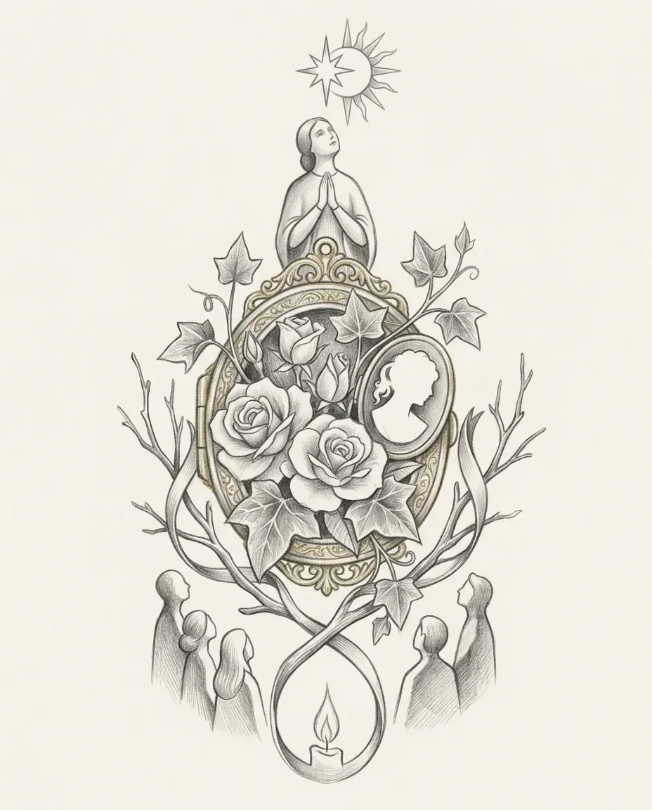 An ornate frame holds a carved cameo portrait among roses and ivy, with small onlooking figures below and a candle burning at the base.