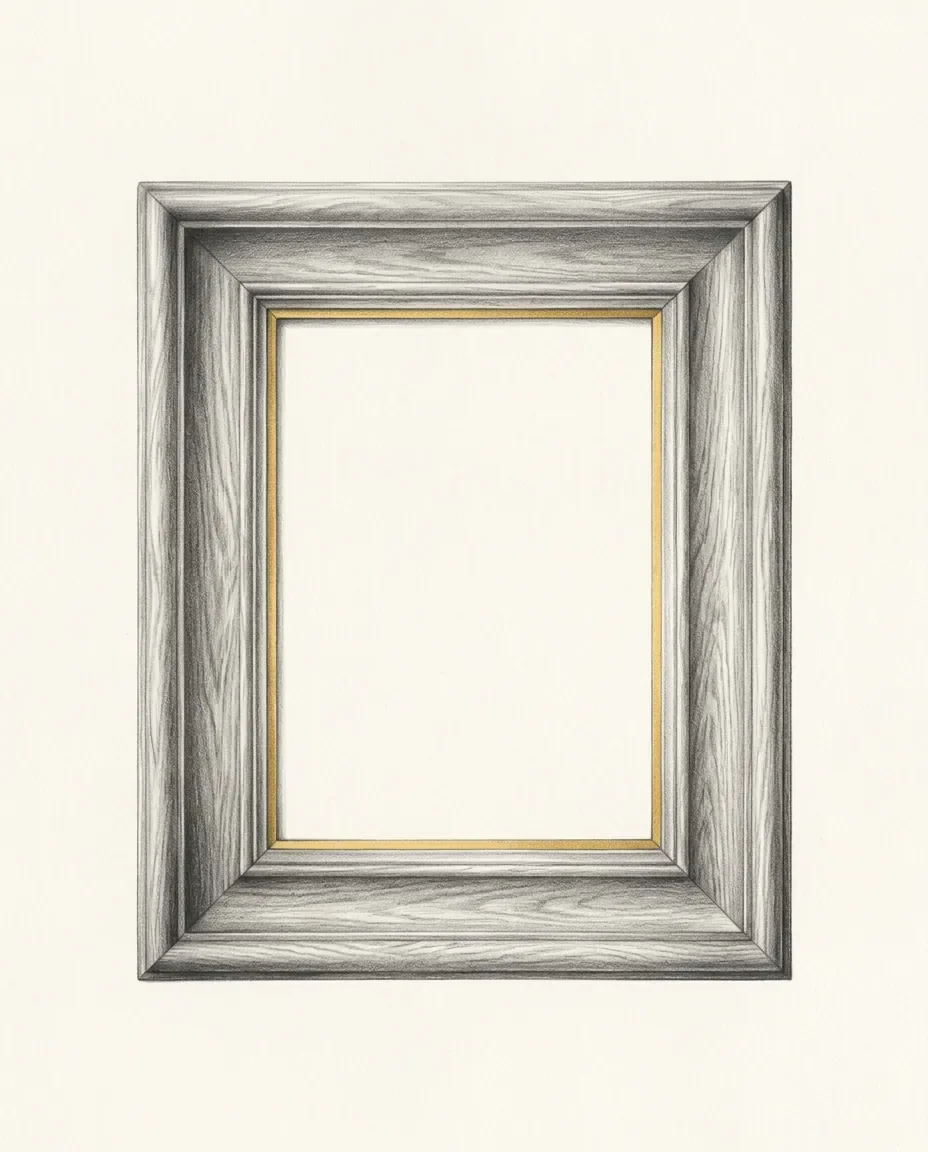 An empty wooden picture frame stands upright enclosing nothing but bare paper, a thin gold fillet running inside its rebate.