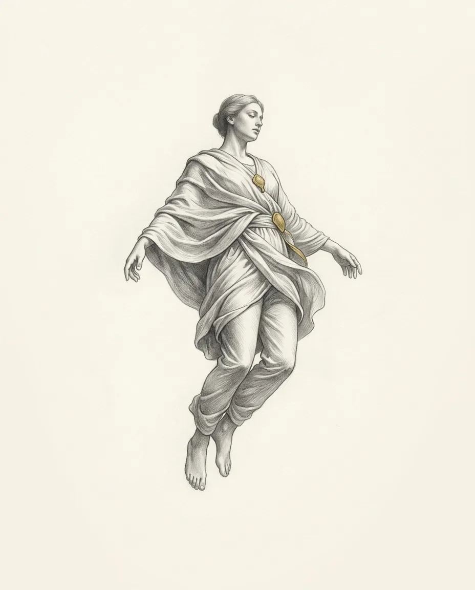 A draped figure falls sideways through empty space with limbs loose and the robe streaming, two gold clasps at the shoulder.