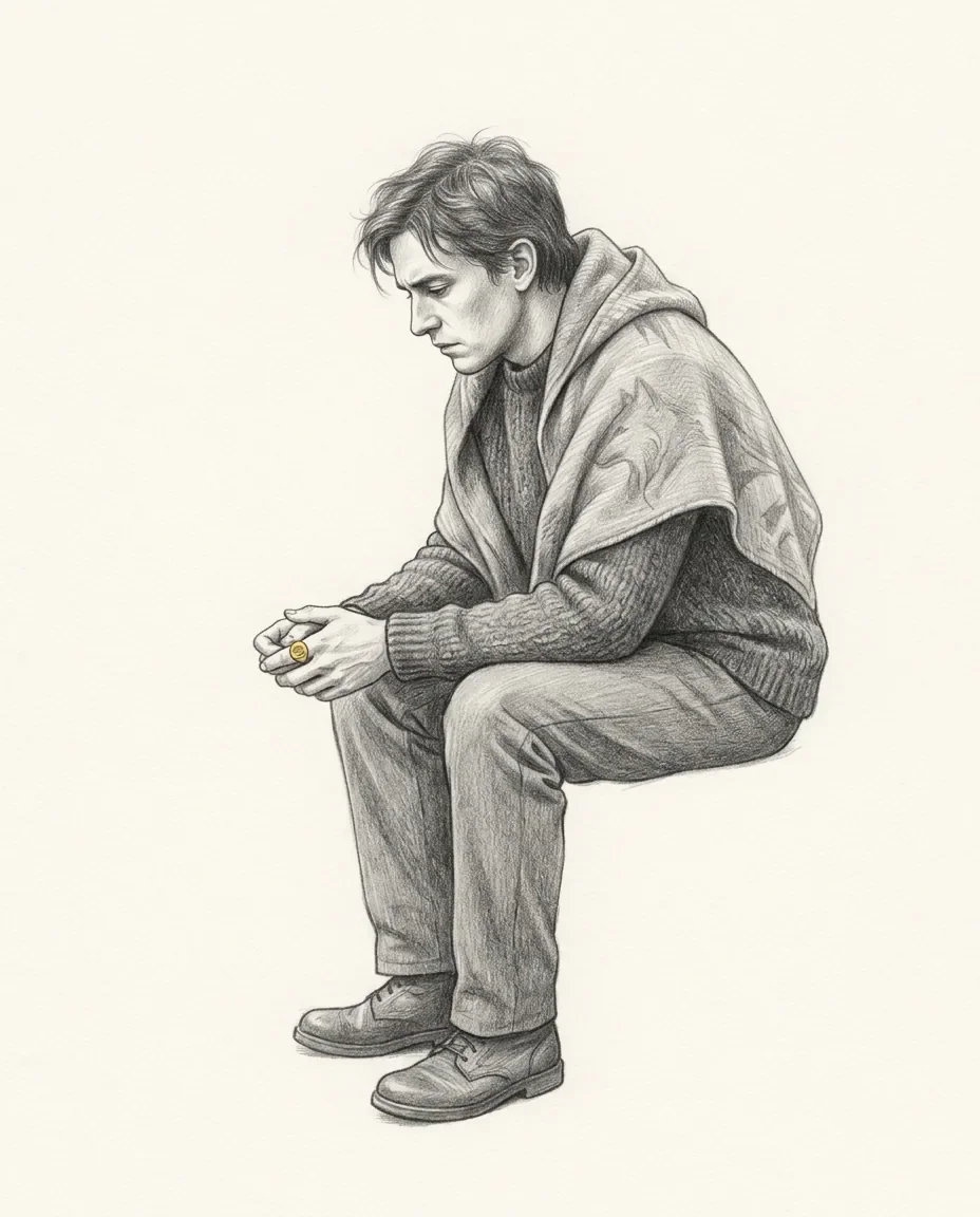 A man sits hunched on a low seat with a wolf-patterned wrap over his shoulders, a gold signet ring on the hand in his lap.