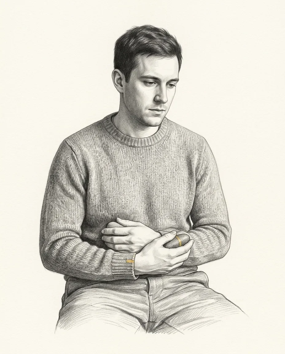 A man in a knitted jumper sits with both hands cupped around a small object at his stomach, a thin gold band across it.