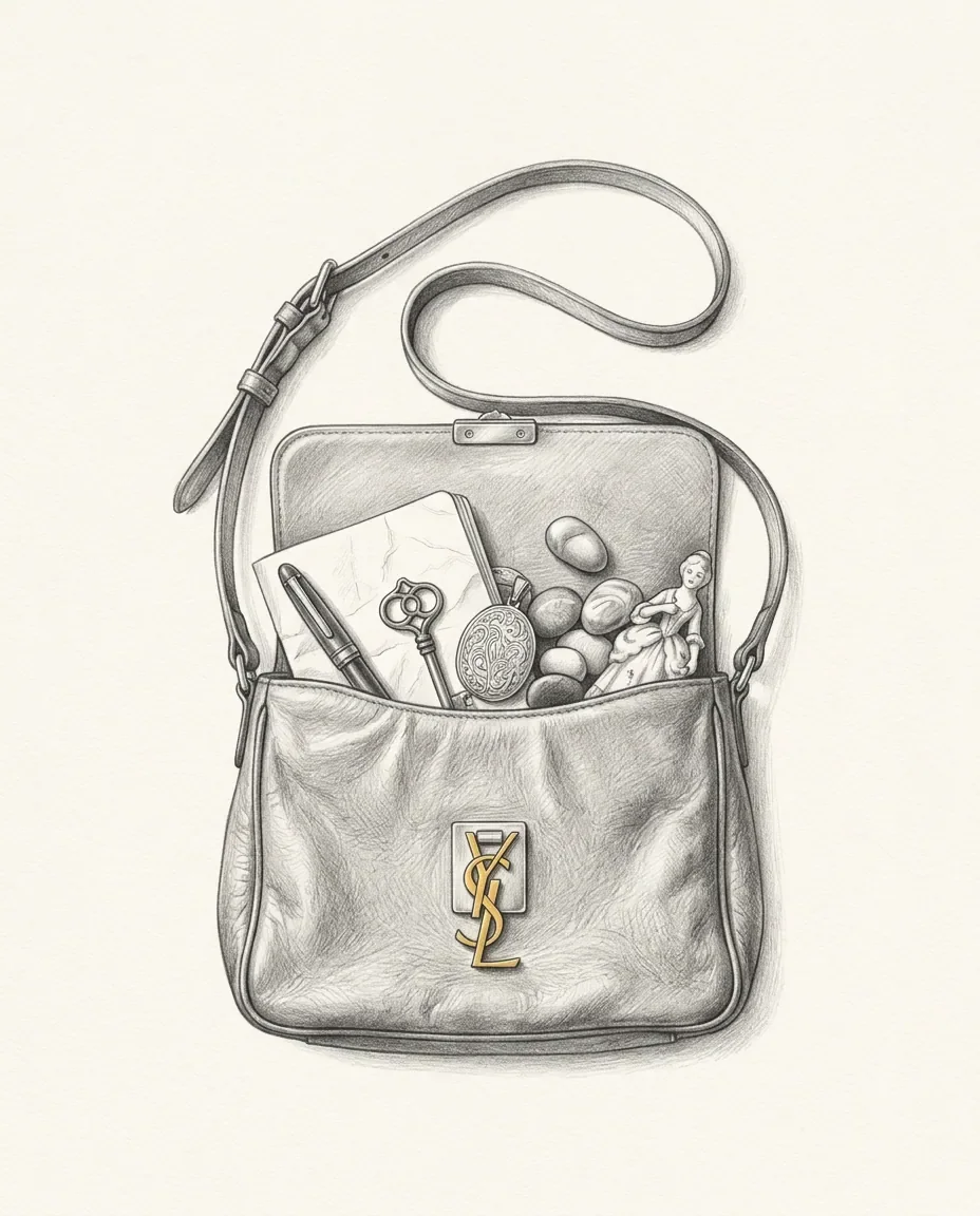 An open leather shoulder bag spills a notebook, a pen, a key, a locket, pebbles and a small porcelain figure.