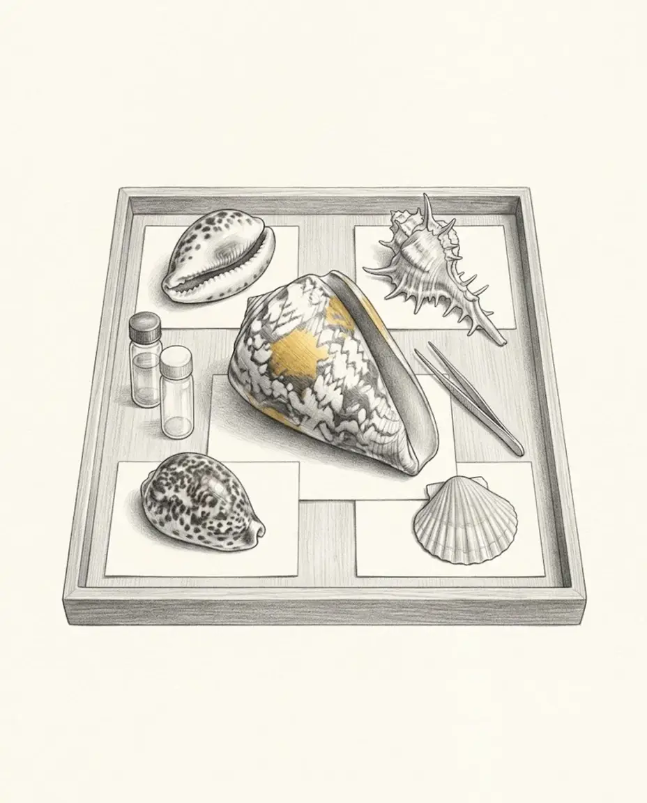 A wooden specimen tray holds a marbled cone shell, two spotted cowries, a spiny murex and a scallop on blank cards, with glass vials and tweezers beside them.