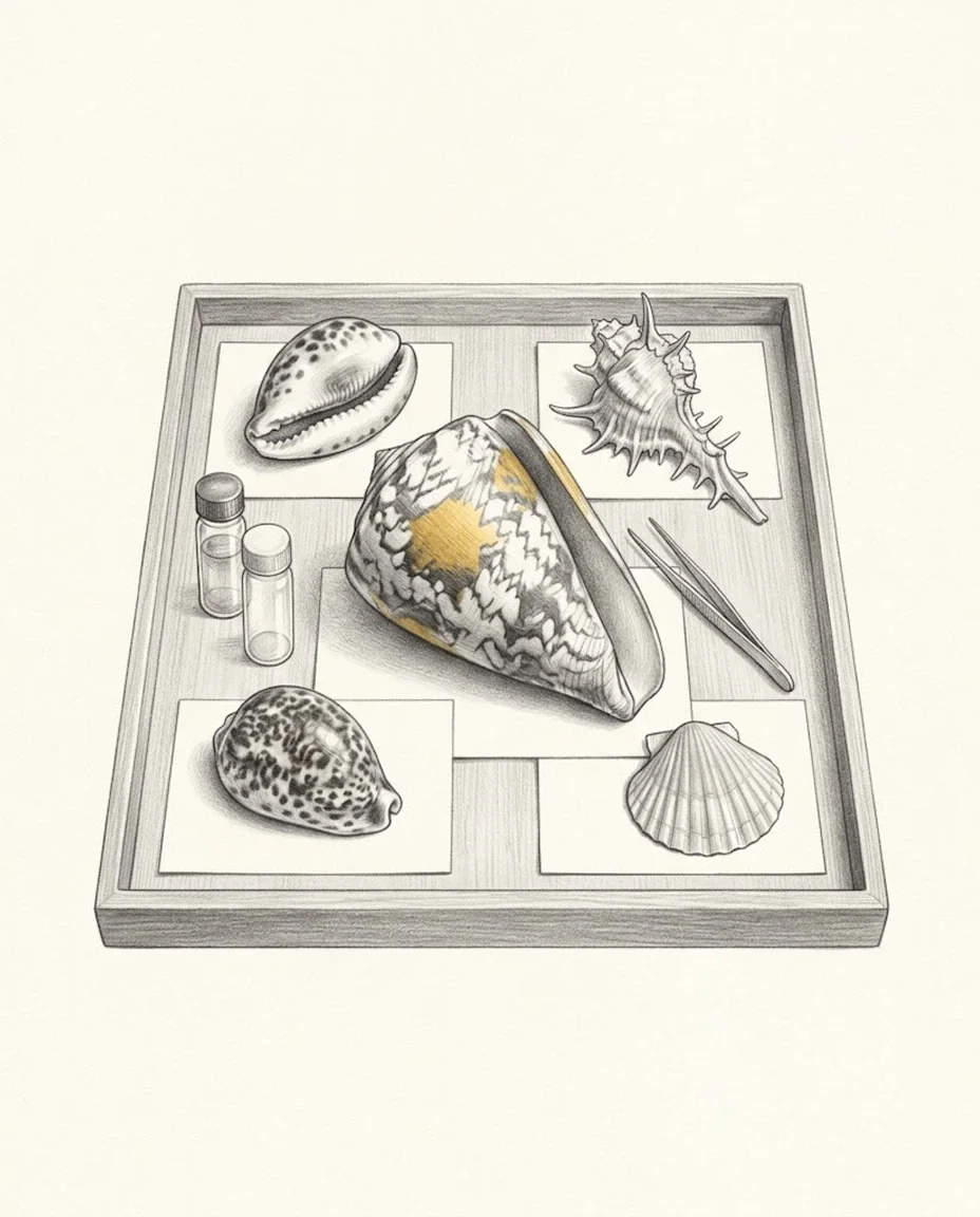 A wooden specimen tray holds a marbled cone shell, two spotted cowries, a spiny murex and a scallop on blank cards, with glass vials and tweezers beside them.