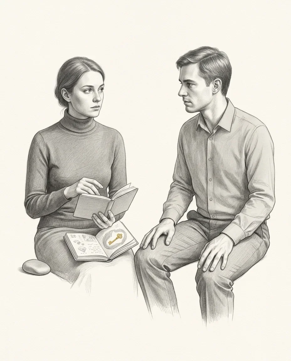 Two people sit facing each other, one holding an open notebook with a gold key drawn on the page toward the other.