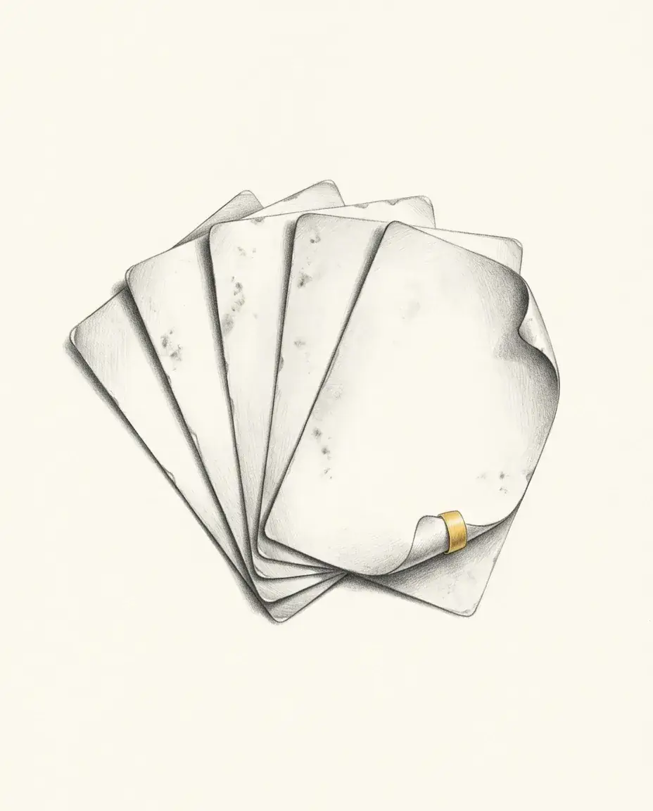 Five blank postcards fan out in an overlapping stack, their edges foxed and one corner curled under a gold band.