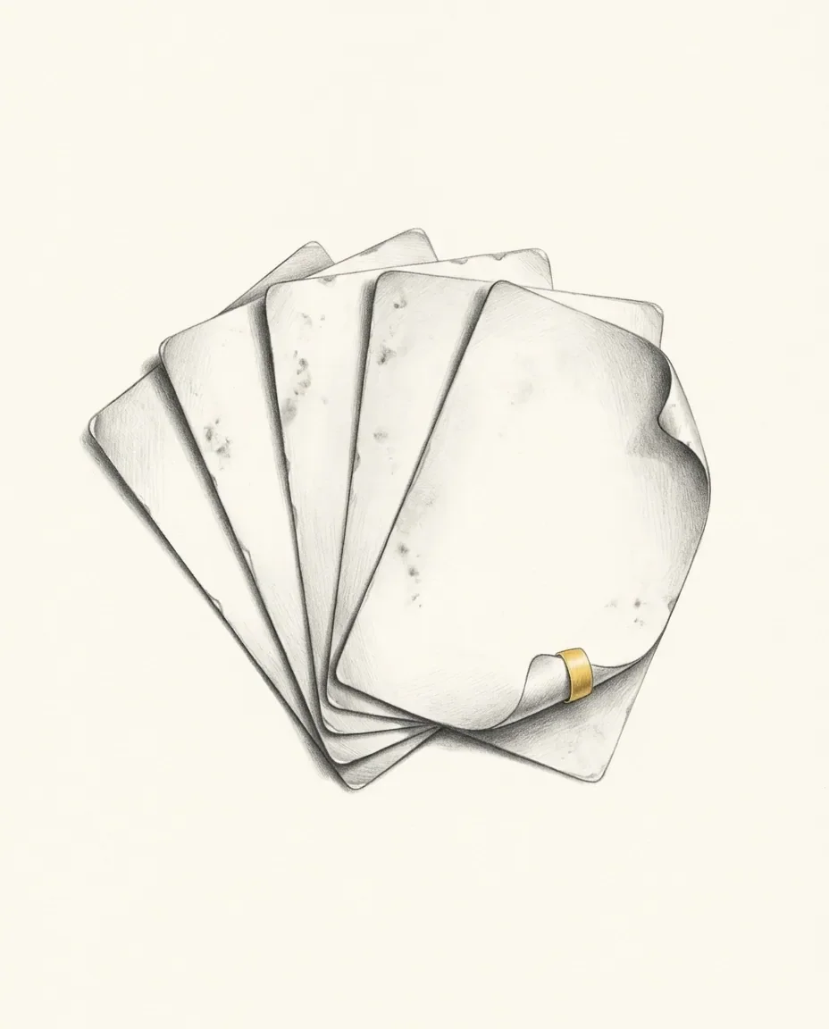 Five blank postcards fan out in an overlapping stack, their edges foxed and one corner curled under a gold band.