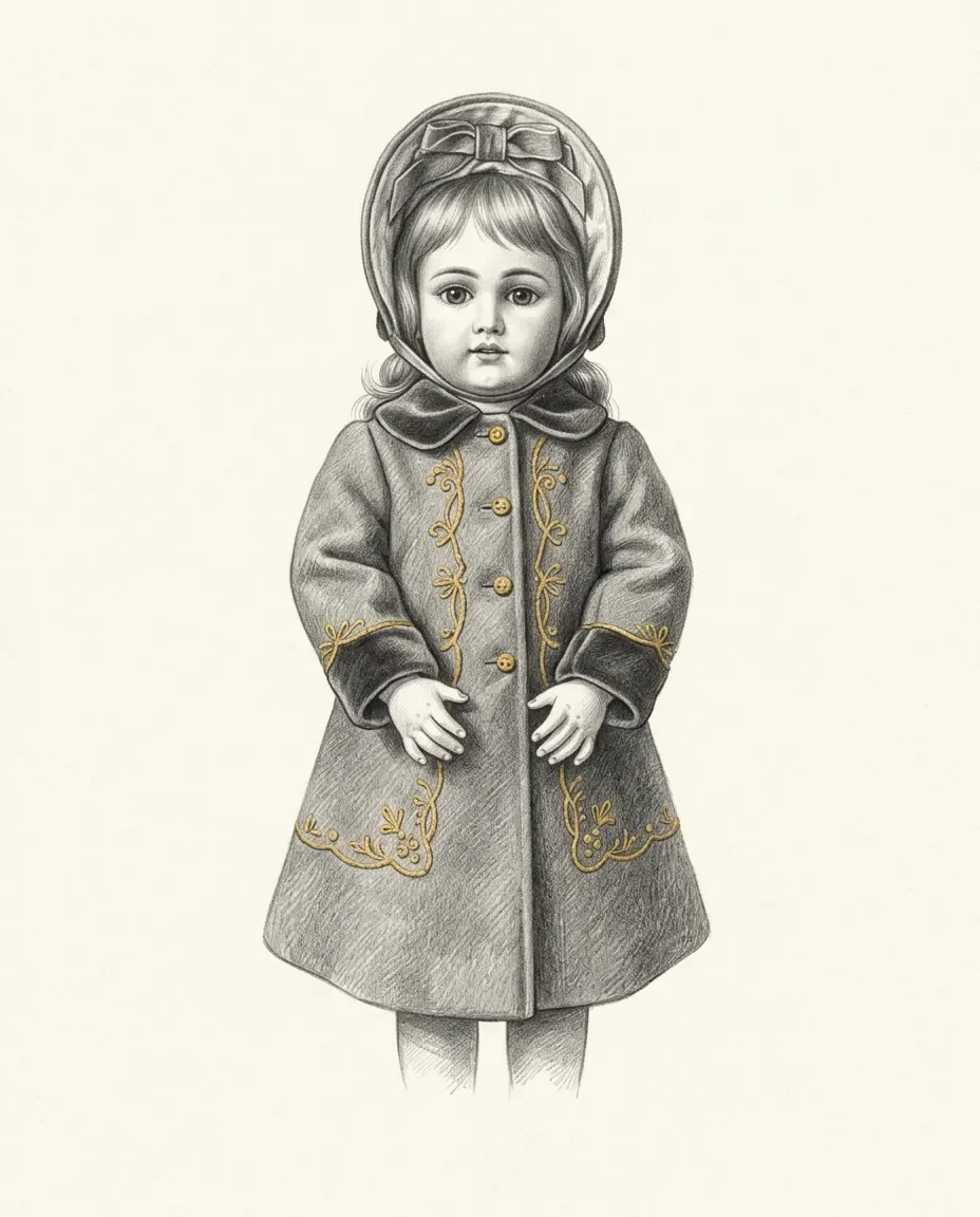 An antique doll stands in a bonnet and an embroidered coat with gold buttons, its hands open at its sides.