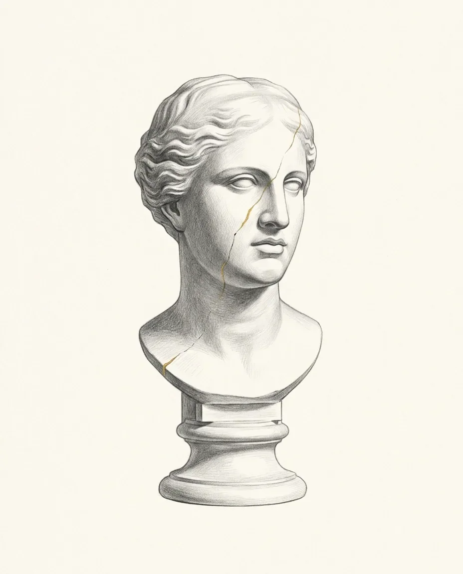 A plaster bust stands on a turned pedestal with a fine crack running down the face, filled in with gold.
