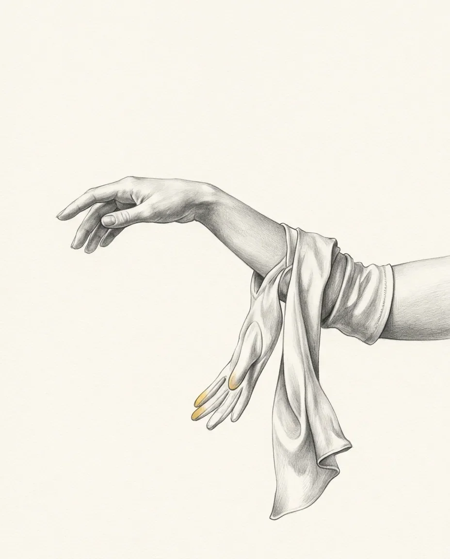 A long glove is drawn off an outstretched arm and hangs from the wrist, the empty fingertips tipped in gold.