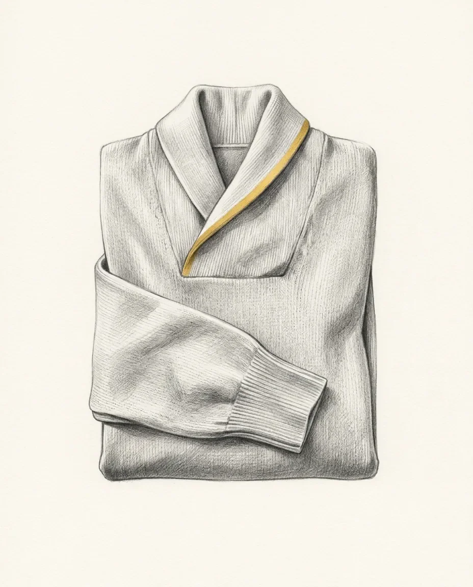A shawl-collar jumper lies folded with one sleeve turned across it, a thin gold line running down the collar.
