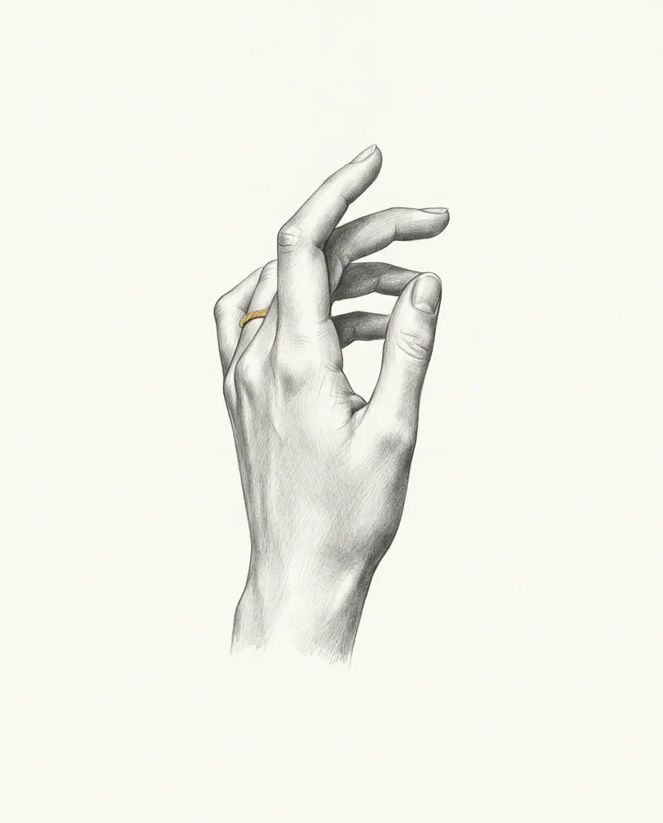 An open hand is raised palm forward with the fingers relaxed and slightly curled, a thin gold band on one finger.