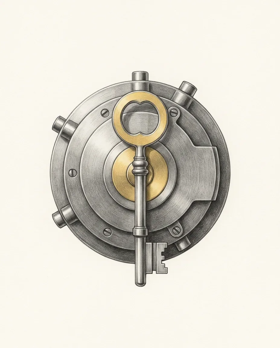 An ornate key stands in a round lock plate with its bow gilded and the wards visible below the housing.