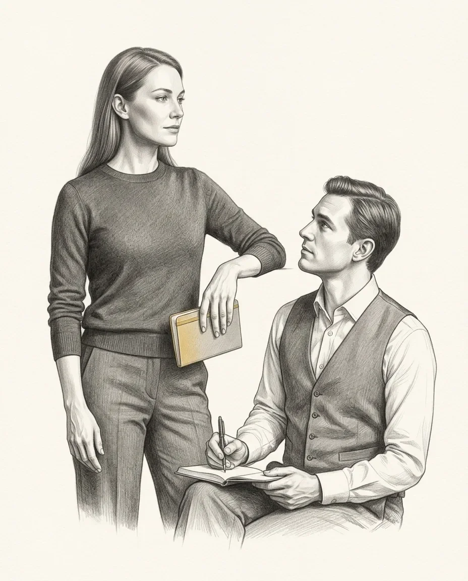 A woman stands holding a folder with one arm resting on the shoulder of a seated man who writes in a notebook.