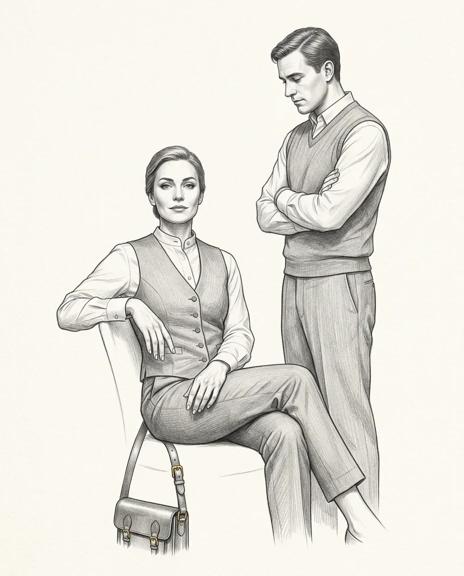 A woman sits with one arm over the chair back and her legs crossed while a man stands beside her with folded arms.