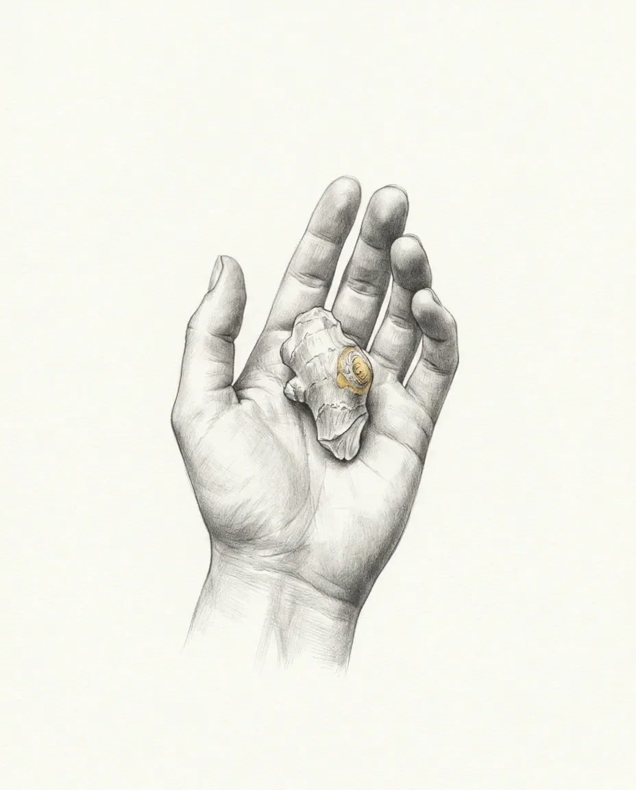 An open palm holds a small carved piece of ginger root, one cut face rubbed to a gold sheen.
