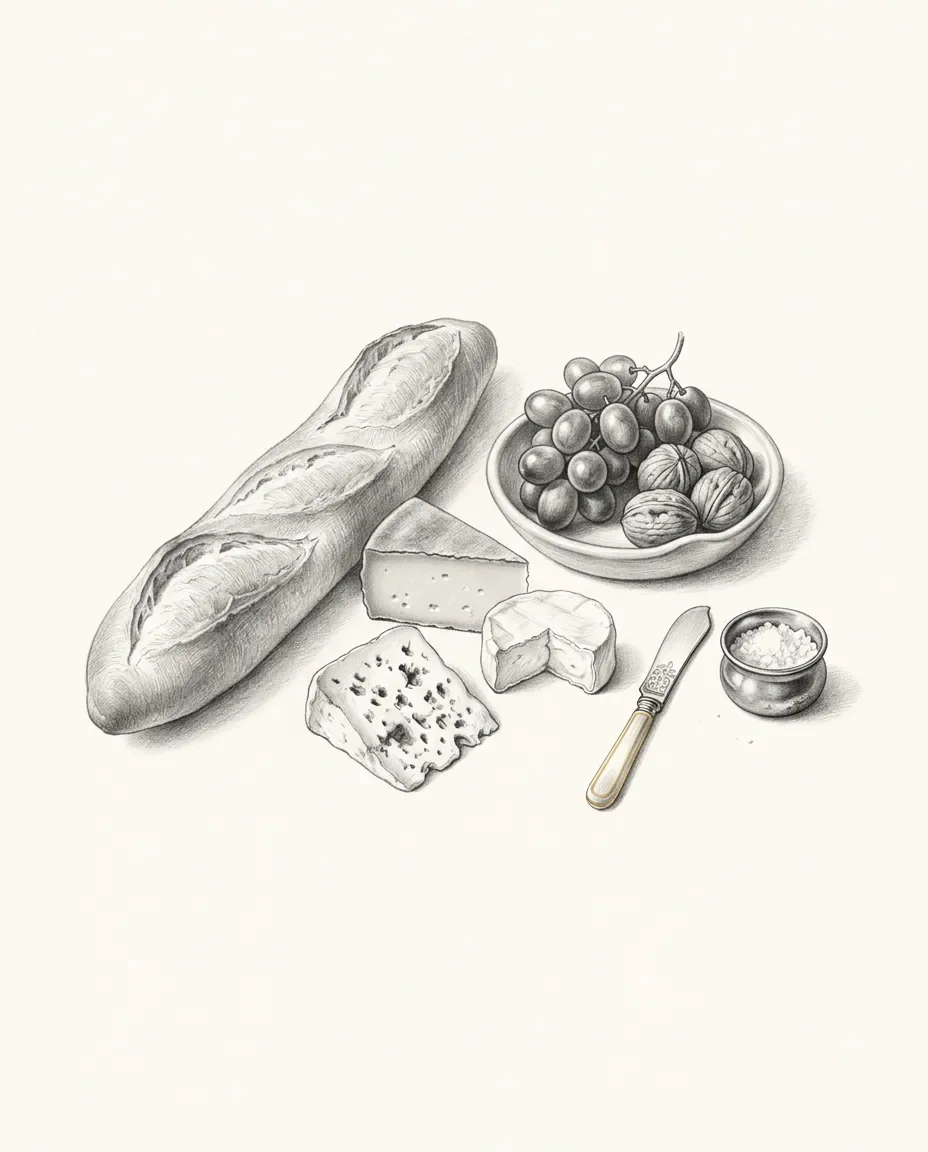 A baguette lies beside three cheeses, a bowl of grapes and walnuts, a gilt-handled knife and a small dish of salt.