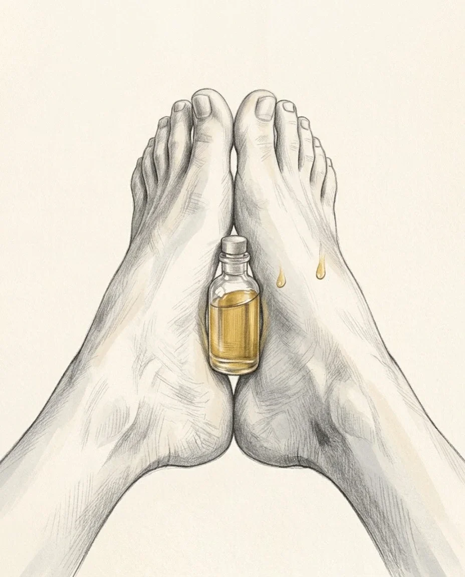 Two bare feet held sole to sole with the toes pointing upward cradle a small stoppered glass bottle of oil between their arches, two drops of oil on the skin.