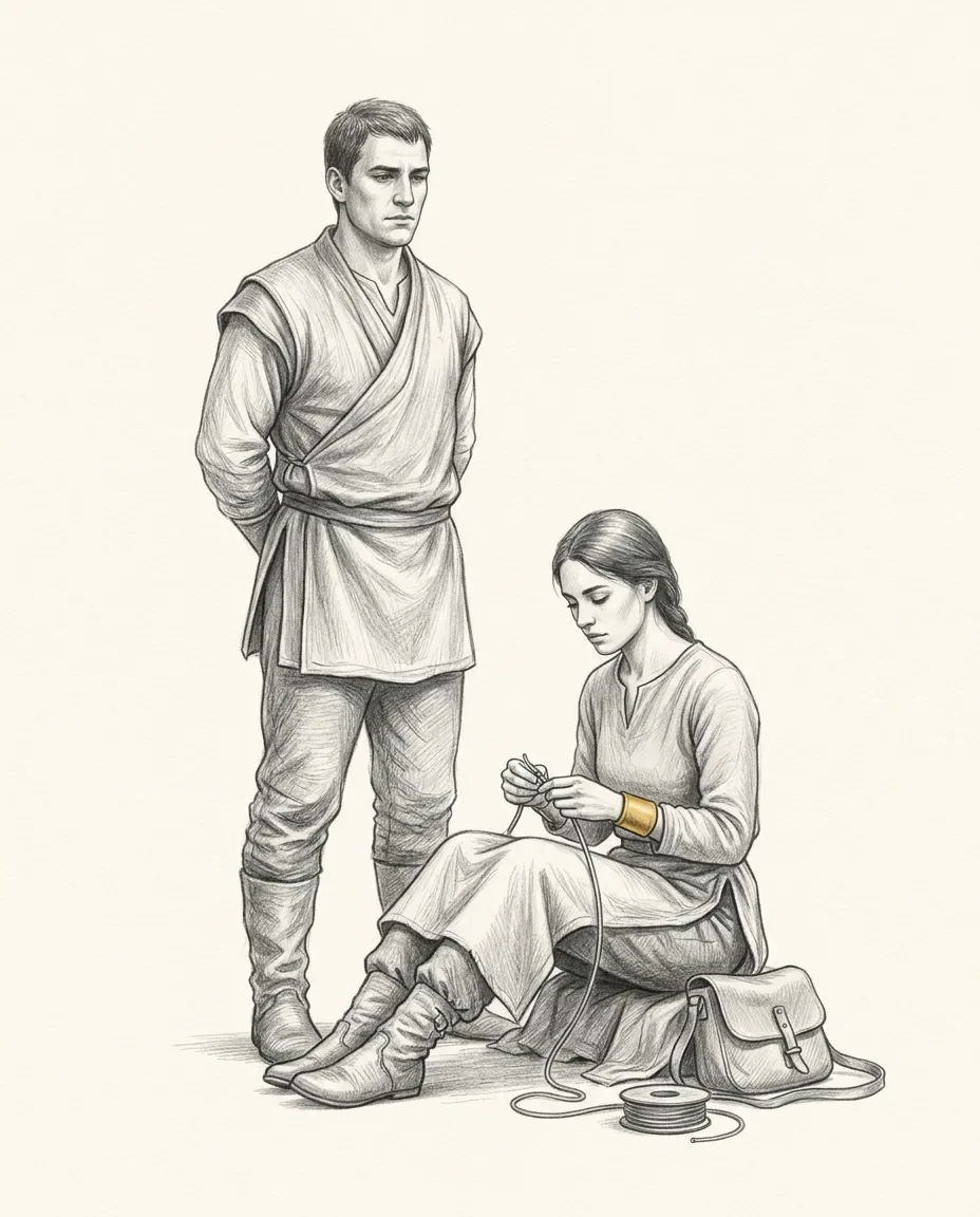 A man stands with hands behind his back in a wrapped tunic while a woman kneels beside him winding cord, a gold cuff on her wrist.