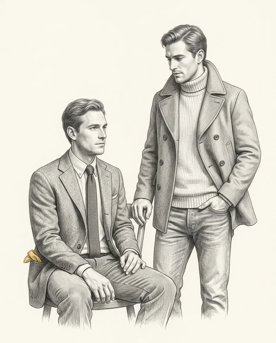 A seated man in a suit with a gold pocket square is joined by a standing man in a peacoat resting a hand on the chair.
