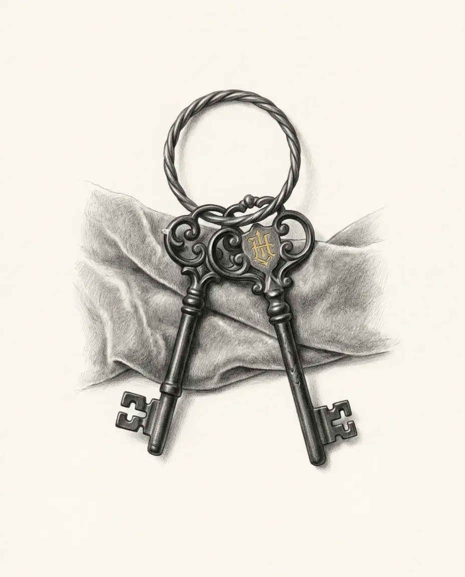 Two ornate iron keys hang from a twisted ring over folded cloth, a gold crest set into one bow.