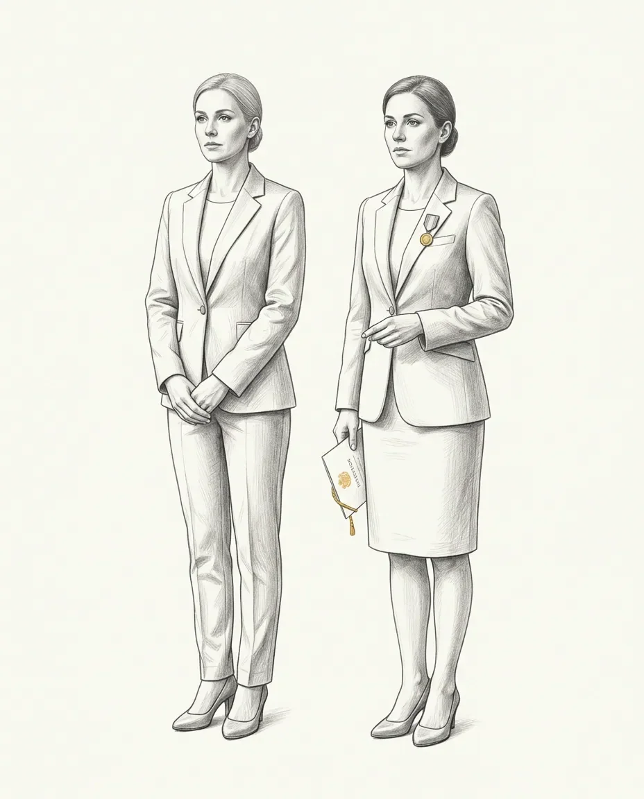 Two women stand in tailored suits, one with hands clasped and the other holding a tasselled card with a gold seal.