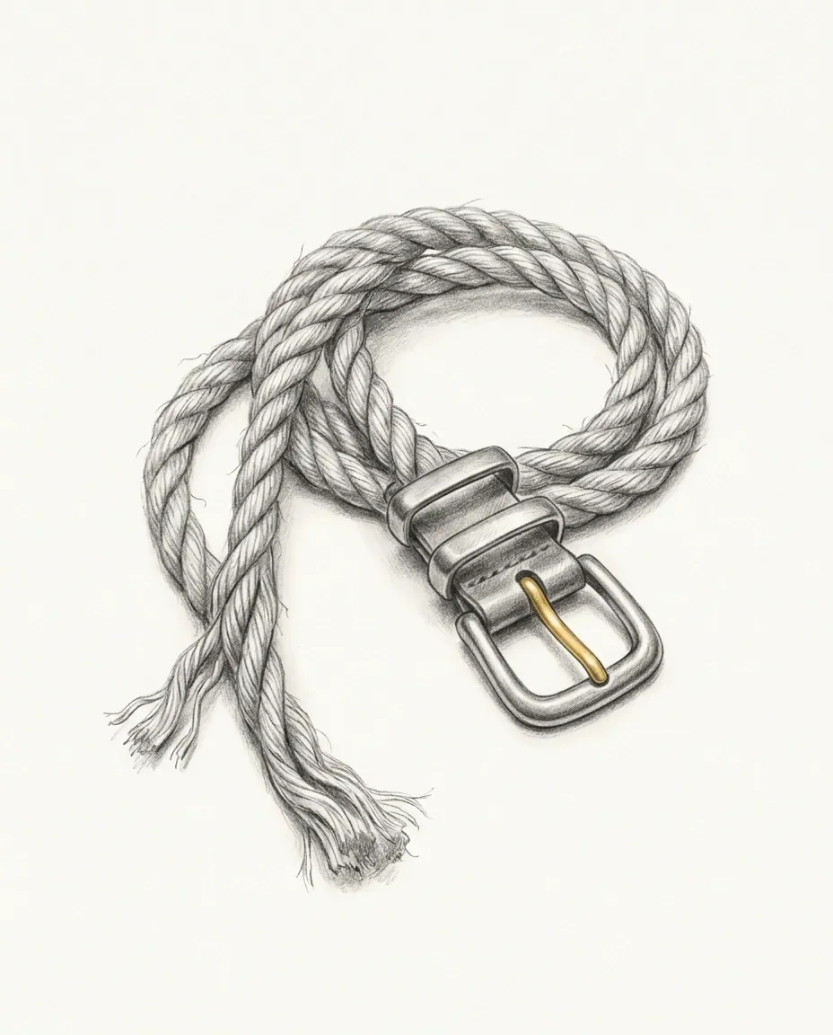 A length of natural-fibre rope lies coiled with the frayed ends laid out and a buckled strap fastened across it.
