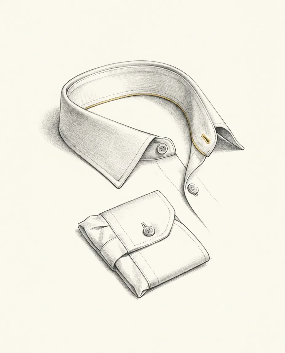 A crisp shirt collar curves open above a neatly folded cuff, a thin gold line running inside the collar stand.