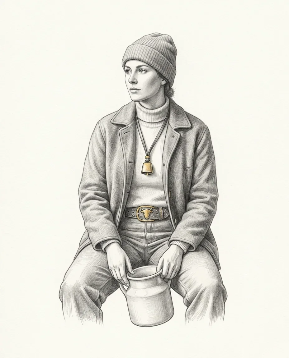 A person in a beanie and work coat sits holding a milk pail, a cowbell on a cord at the chest and a bull's-head buckle at the waist.