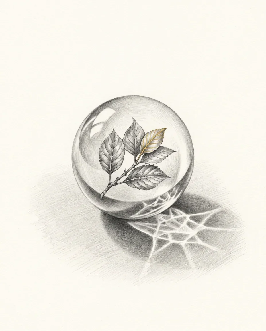 A clear glass sphere rests on a surface holding a leafy sprig inside, one leaf gold, casting a webbed shadow.