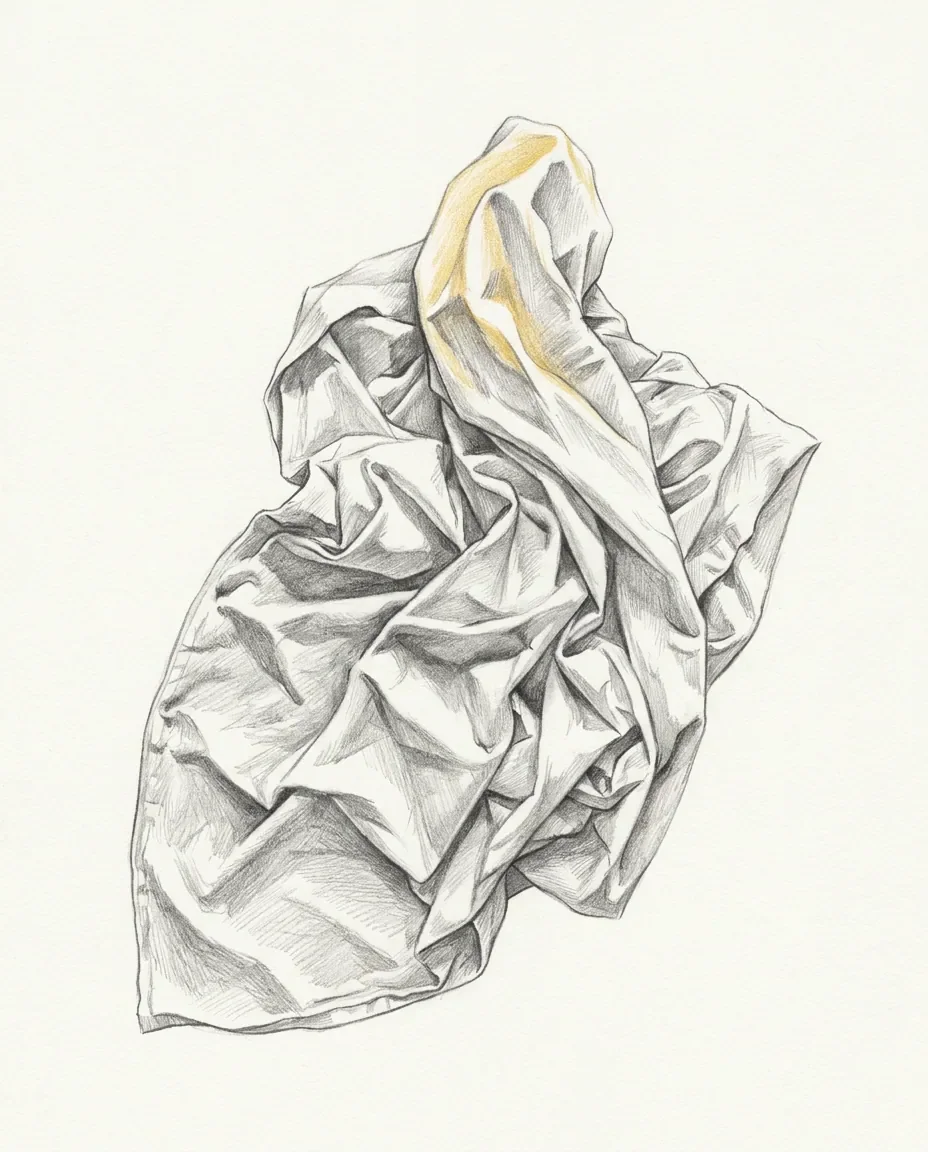 A bedsheet is churned into twisted folds and peaks, the deepest hollow warmed with gold.