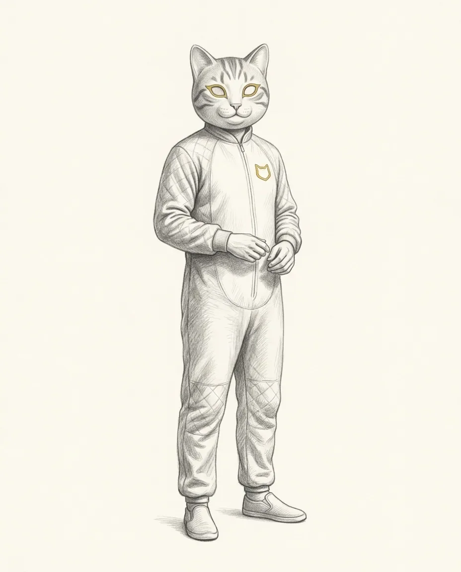 A person stands in a zipped cat onesie and a smooth full-head cat mask with gold-lined eyes.